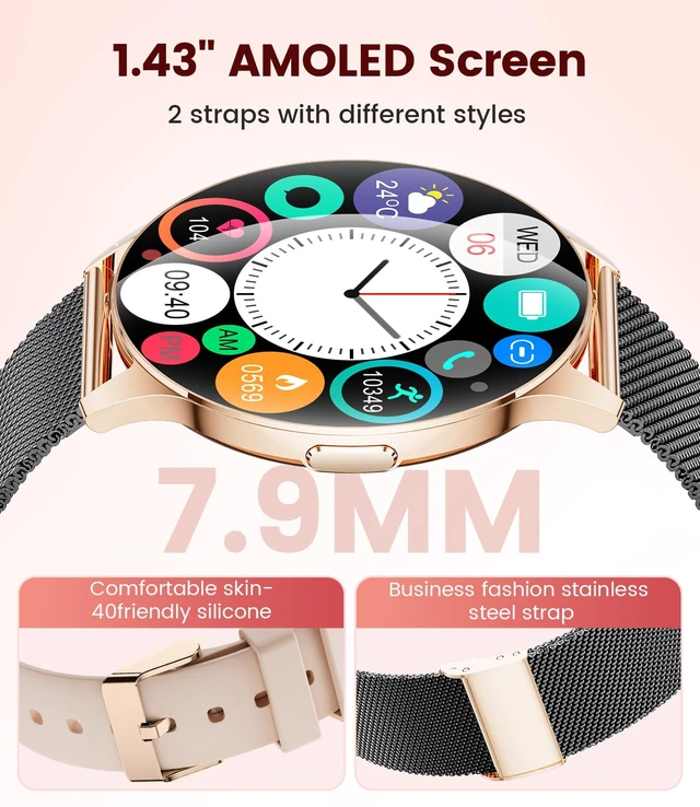 Alt view image 2 of 7 - Smart Watch for Women, 1.43" AMOLED Screen Smartwatch with Answer/Make Call for iPhone/Android/Samsung,Fitness Tracker with 120+ Sport Modes,Health Monitor, IP68 Waterproof,2 Bands,Black Gold