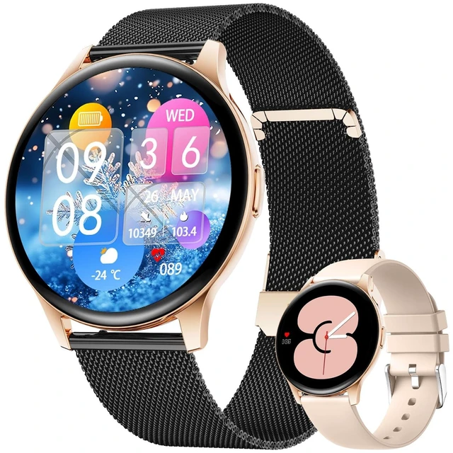 Main image of Smart Watch for Women, 1.43" AMOLED Screen Smartwatch with Answer/Make Call for iPhone/Android/Samsung,Fitness Tracker with 120+ Sport Modes,Health Monitor, IP68 Waterproof,2 Bands,Black Gold