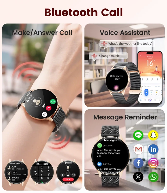 Alt view image 6 of 7 - Smart Watch for Women, 1.43" AMOLED Screen Smartwatch with Answer/Make Call for iPhone/Android/Samsung,Fitness Tracker with 120+ Sport Modes,Health Monitor, IP68 Waterproof,2 Bands,Black Gold