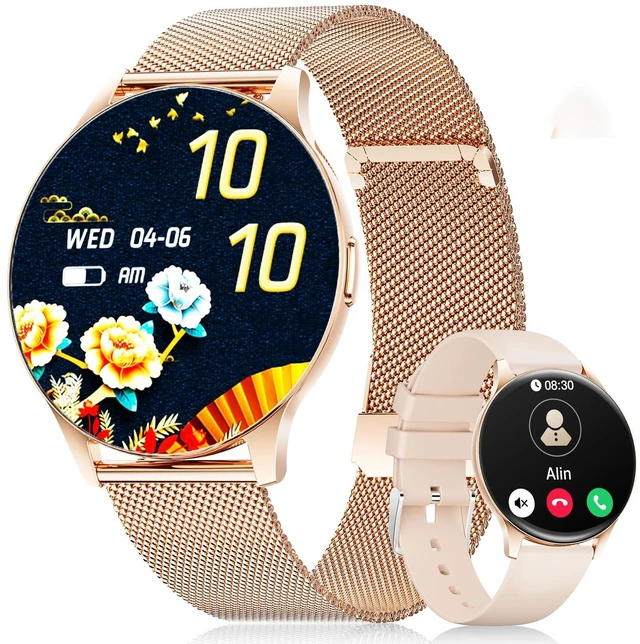 Main image of Smart Watch for Women, 1.43" AMOLED Screen Smartwatch with Answer/Make Call for iPhone/Android/Samsung, Fitness Tracker with 120+ Sport Modes, Sleep/Health Monitor, IP68 Waterproof, 2 Bands,Gold