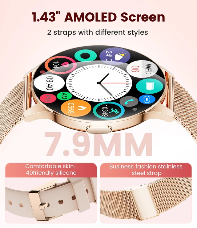 Alt view image 2 of 7 - Smart Watch for Women, 1.43" AMOLED Screen Smartwatch with Answer/Make Call for iPhone/Android/Samsung, Fitness Tracker with 120+ Sport Modes, Sleep/Health Monitor, IP68 Waterproof, 2 Bands,Gold