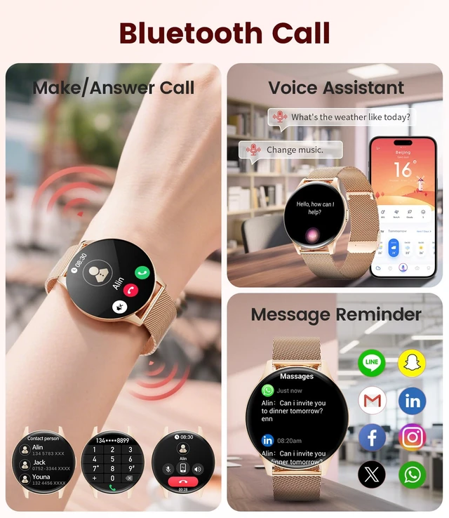 Alt view image 4 of 7 - Smart Watch for Women, 1.43" AMOLED Screen Smartwatch with Answer/Make Call for iPhone/Android/Samsung, Fitness Tracker with 120+ Sport Modes, Sleep/Health Monitor, IP68 Waterproof, 2 Bands,Gold