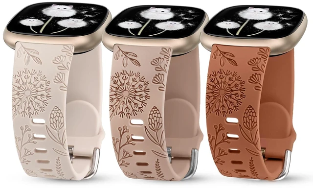 Main image of 3 Packs Floral Engraved Band Compatible with Fitbit Versa 4/Versa 3/Sense 2/Sense Band Women, Cute Soft Silicone Dandelion Flower Pattern Sport Designer Fancy Summer Strap for Versa 4