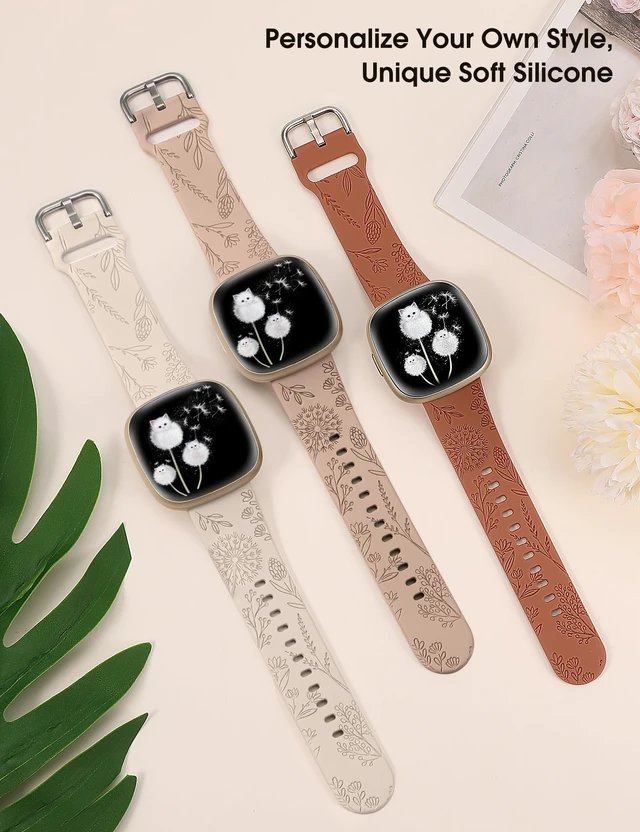 Alt view image 3 of 6 - 3 Packs Floral Engraved Band Compatible with Fitbit Versa 4/Versa 3/Sense 2/Sense Band Women, Cute Soft Silicone Dandelion Flower Pattern Sport Designer Fancy Summer Strap for Versa 4