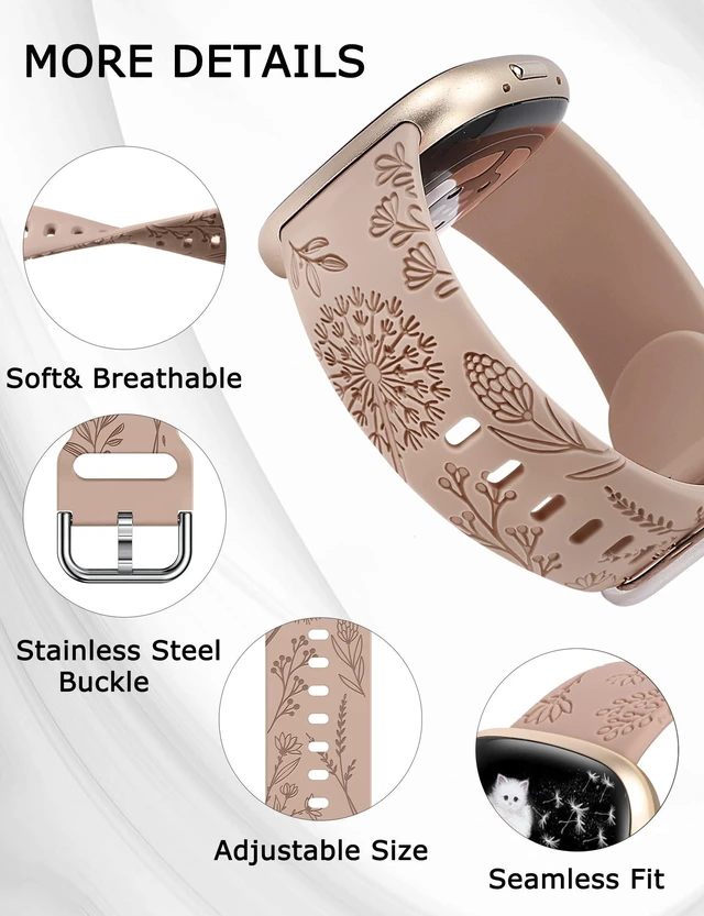 Alt view image 5 of 6 - 3 Packs Floral Engraved Band Compatible with Fitbit Versa 4/Versa 3/Sense 2/Sense Band Women, Cute Soft Silicone Dandelion Flower Pattern Sport Designer Fancy Summer Strap for Versa 4