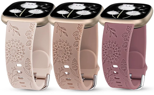 Main image of 3 Packs Floral Engraved Band Compatible with Fitbit Versa 4/Versa 3/Sense 2/Sense Band Women, Cute Soft Silicone Dandelion Flower Pattern Sport Designer Fancy Summer Strap for Versa 4
