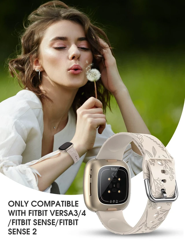 Alt view image 6 of 6 - 3 Packs Floral Engraved Band Compatible with Fitbit Versa 4/Versa 3/Sense 2/Sense Band Women, Cute Soft Silicone Dandelion Flower Pattern Sport Designer Fancy Summer Strap for Versa 4
