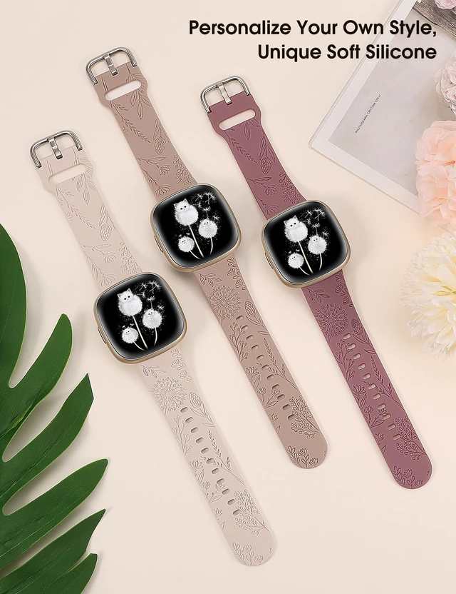 Alt view image 2 of 6 - 3 Packs Floral Engraved Band Compatible with Fitbit Versa 4/Versa 3/Sense 2/Sense Band Women, Cute Soft Silicone Dandelion Flower Pattern Sport Designer Fancy Summer Strap for Versa 4
