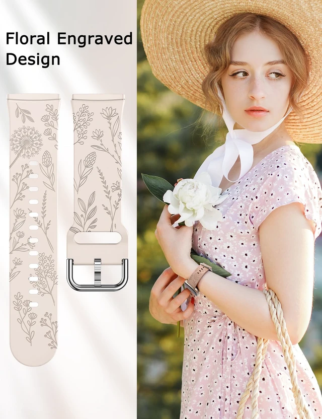 Alt view image 2 of 6 - 3 Packs Floral Engraved Band Compatible with Fitbit Versa 4/Versa 3/Sense 2/Sense Band Women, Cute Soft Silicone Dandelion Flower Pattern Sport Designer Fancy Summer Strap for Versa 4
