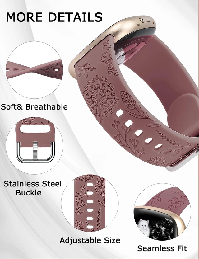 Alt view image 4 of 6 - 3 Packs Floral Engraved Band Compatible with Fitbit Versa 4/Versa 3/Sense 2/Sense Band Women, Cute Soft Silicone Dandelion Flower Pattern Sport Designer Fancy Summer Strap for Versa 4