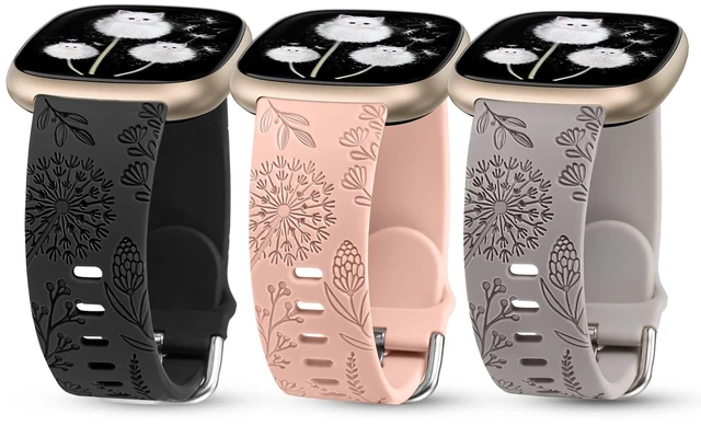Main image of 3 Packs Floral Engraved Band Compatible with Fitbit Versa 4/Versa 3/Sense 2/Sense Band Women, Cute Soft Silicone Dandelion Flower Pattern Sport Designer Fancy Summer Strap for Versa 4