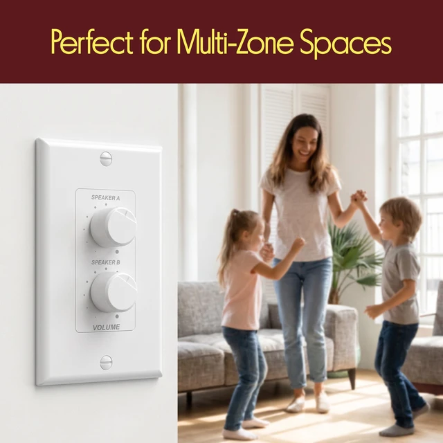 Alt view image 7 of 7 - In Wall Speaker Volume Control - Home Audio Smart 2-Channel A/B Dual Channel Speakers Controller Selector Pod Box - Rotary Knob Fader Control Up to (2) Pair of Indoor or Outdoor Speakers - PVCD15