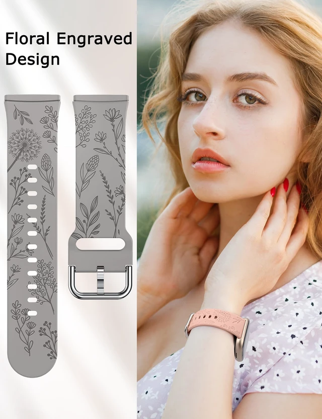 Alt view image 2 of 5 - 3 Packs Floral Engraved Band Compatible with Fitbit Versa 4/Versa 3/Sense 2/Sense Band Women, Cute Soft Silicone Dandelion Flower Pattern Sport Designer Fancy Summer Strap for Versa 4
