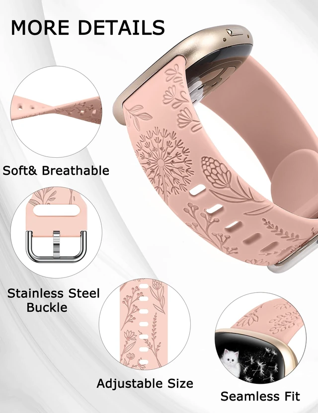 Alt view image 5 of 5 - 3 Packs Floral Engraved Band Compatible with Fitbit Versa 4/Versa 3/Sense 2/Sense Band Women, Cute Soft Silicone Dandelion Flower Pattern Sport Designer Fancy Summer Strap for Versa 4