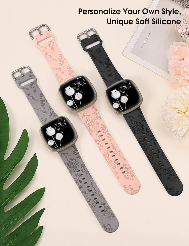 Alt view image 3 of 5 - 3 Packs Floral Engraved Band Compatible with Fitbit Versa 4/Versa 3/Sense 2/Sense Band Women, Cute Soft Silicone Dandelion Flower Pattern Sport Designer Fancy Summer Strap for Versa 4