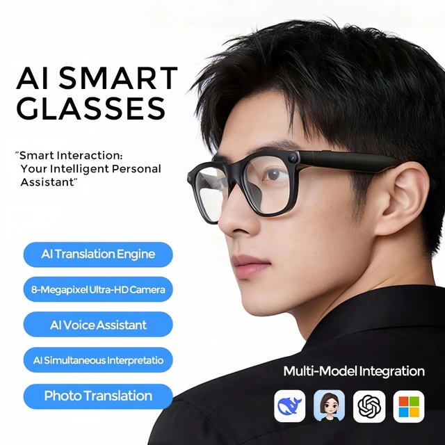 Alt view image 3 of 7 - AI Smart Glasses Recording with Camera and Bluetooth for Men Women 8M And 1080P Video, Real-Time Translation, Recording, AI Assistant, Open-Ear Audio,Visual Recongnition With Sunglasses Lenses