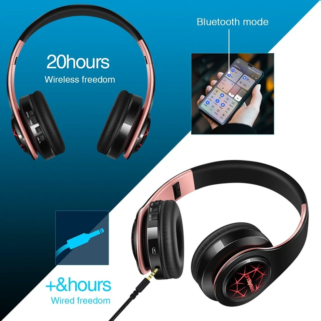 Alt view image 6 of 7 - Bluetooth Headphones, Chat- Comfortable Over Ear Stereo Headphones,7 Breathing Led Lights up, Wireless Headset for Adult Teen Kid for Phone/Samsung/Pad/PC/Android/Laptop/TV (Rosegold)