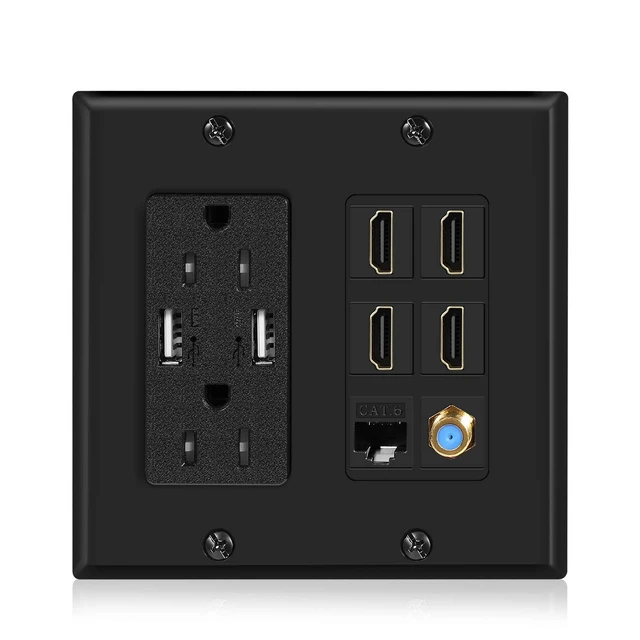 Alt view image 2 of 7 - HDMI Wall Outlet, 4 HDMI Media Plate with Cat6, Coax, USB, Black Black 2-Gang Media Outlet Wall Plate with Two 15A Power Outlets, Two Usb-A Ports, 4 Hdmi Ports, Cat6 and Coax