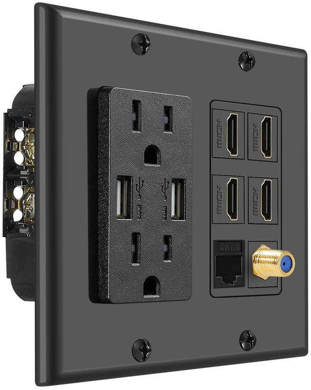 Main image of HDMI Wall Outlet, 4 HDMI Media Plate with Cat6, Coax, USB, Black Black 2-Gang Media Outlet Wall Plate with Two 15A Power Outlets, Two Usb-A Ports, 4 Hdmi Ports, Cat6 and Coax