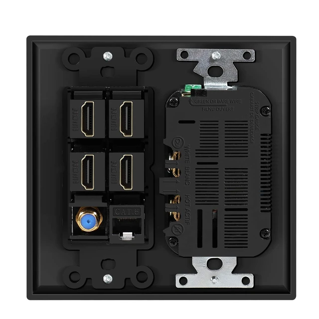 Alt view image 3 of 7 - HDMI Wall Outlet, 4 HDMI Media Plate with Cat6, Coax, USB, Black Black 2-Gang Media Outlet Wall Plate with Two 15A Power Outlets, Two Usb-A Ports, 4 Hdmi Ports, Cat6 and Coax
