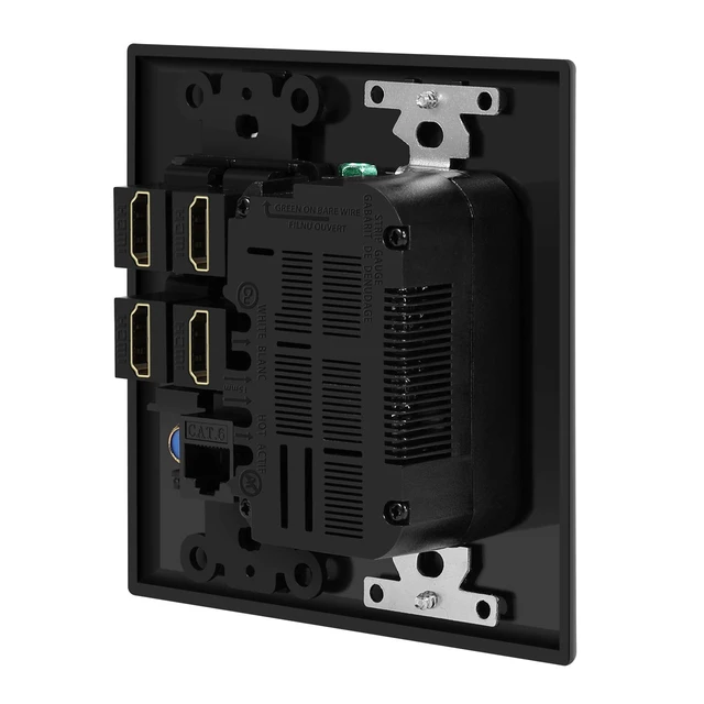 Alt view image 4 of 7 - HDMI Wall Outlet, 4 HDMI Media Plate with Cat6, Coax, USB, Black Black 2-Gang Media Outlet Wall Plate with Two 15A Power Outlets, Two Usb-A Ports, 4 Hdmi Ports, Cat6 and Coax