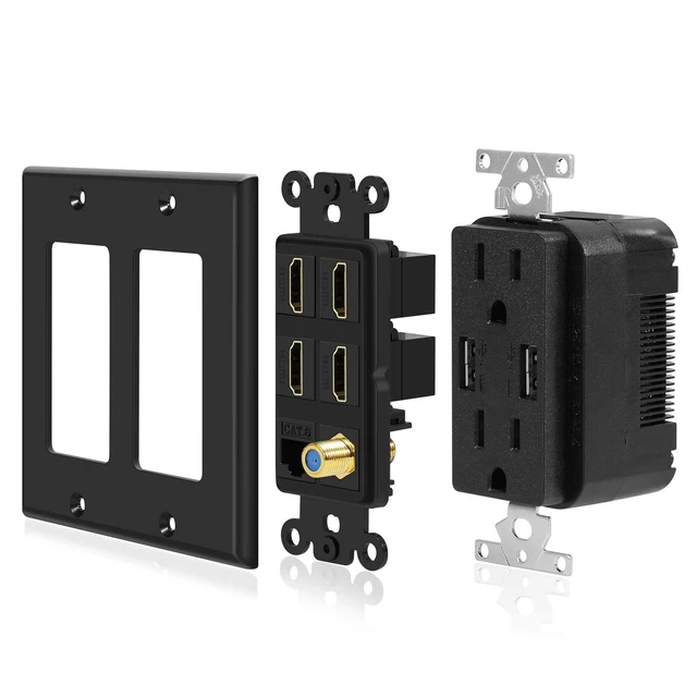Alt view image 5 of 7 - HDMI Wall Outlet, 4 HDMI Media Plate with Cat6, Coax, USB, Black Black 2-Gang Media Outlet Wall Plate with Two 15A Power Outlets, Two Usb-A Ports, 4 Hdmi Ports, Cat6 and Coax