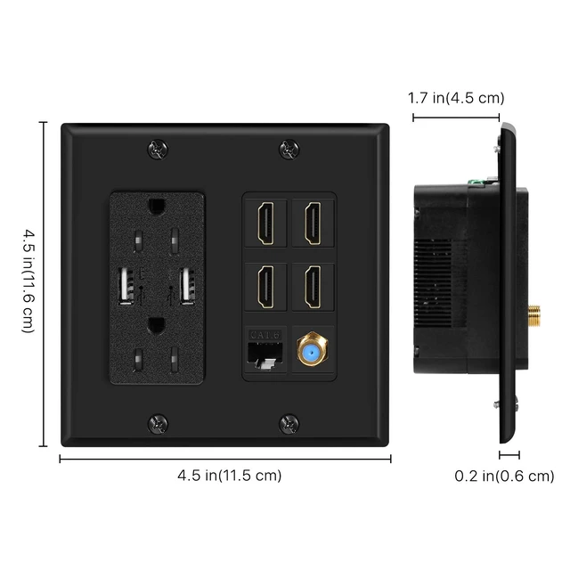 Alt view image 6 of 7 - HDMI Wall Outlet, 4 HDMI Media Plate with Cat6, Coax, USB, Black Black 2-Gang Media Outlet Wall Plate with Two 15A Power Outlets, Two Usb-A Ports, 4 Hdmi Ports, Cat6 and Coax