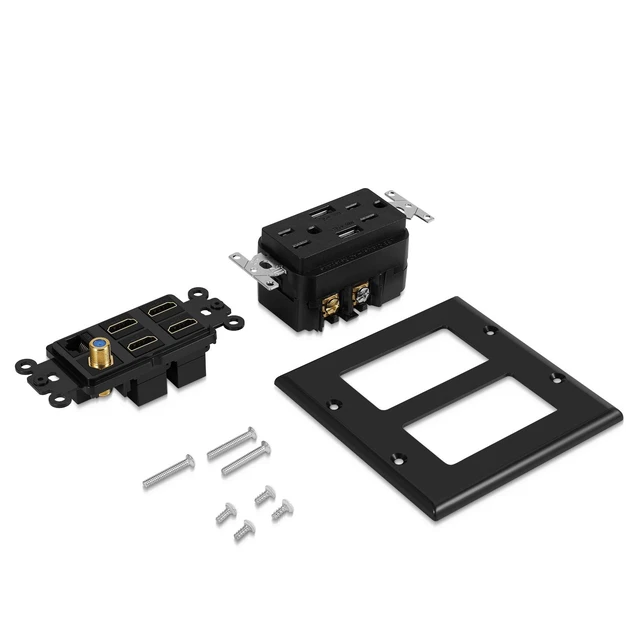Alt view image 7 of 7 - HDMI Wall Outlet, 4 HDMI Media Plate with Cat6, Coax, USB, Black Black 2-Gang Media Outlet Wall Plate with Two 15A Power Outlets, Two Usb-A Ports, 4 Hdmi Ports, Cat6 and Coax