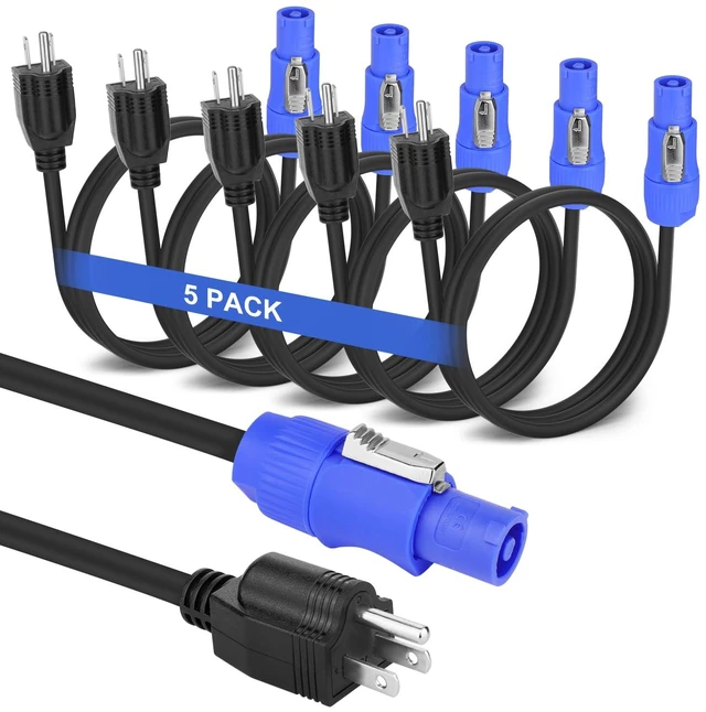 Main image of 5 Pack Stage Light PowerCON Cable with 3 Prong Plug, 20A 3Pin 16AWG, Male to Male Power Cable for Outdoor Stage Lighting Series-1M/3FT (5PC)