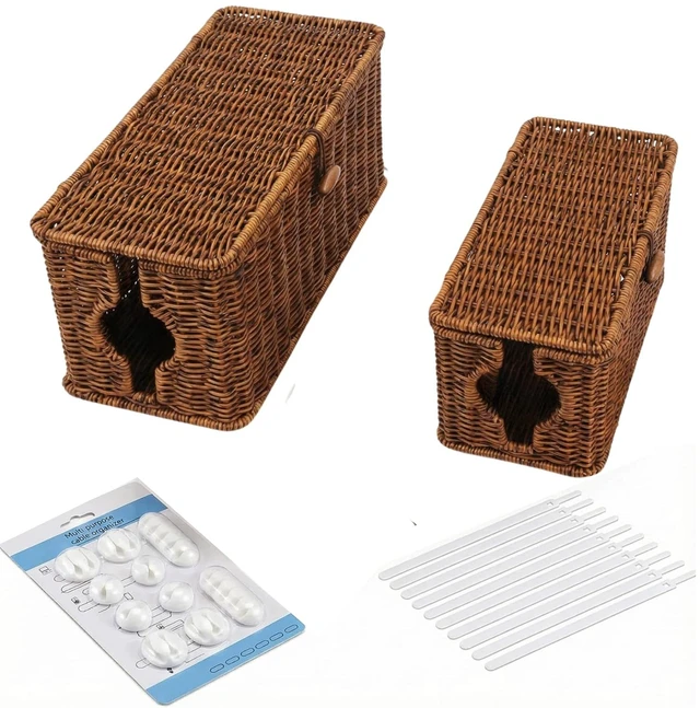 Main image of Wicker Cable Management Box, 2 Pack Large & Small Cable Organizer Box, Faux Rattan Hand-Woven Desk Organizer with 10 Cord Clips and 10 Ties, for Home Office and Charging Station