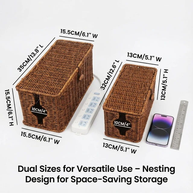 Alt view image 2 of 5 - Wicker Cable Management Box, 2 Pack Large & Small Cable Organizer Box, Faux Rattan Hand-Woven Desk Organizer with 10 Cord Clips and 10 Ties, for Home Office and Charging Station
