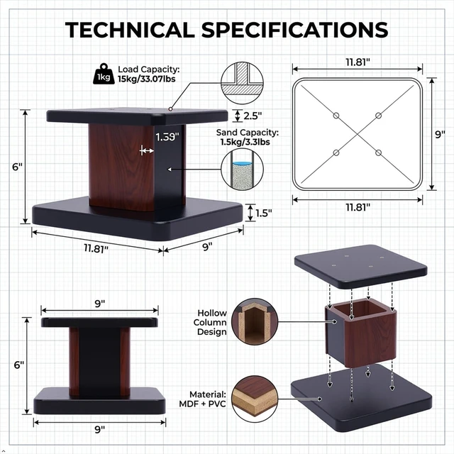 Alt view image 5 of 7 - 1 Pair Universal Wood Design Speaker Stands, Premium Surround Sound Home Theater Audio Stands, Bookshelf Speakers or Studio Monitors Stands (6" - Yellow Sandalwood)