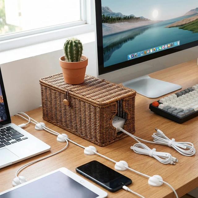 Alt view image 4 of 5 - Wicker Cable Management Box, 2 Pack Large & Small Cable Organizer Box, Faux Rattan Hand-Woven Desk Organizer with 10 Cord Clips and 10 Ties, for Home Office and Charging Station