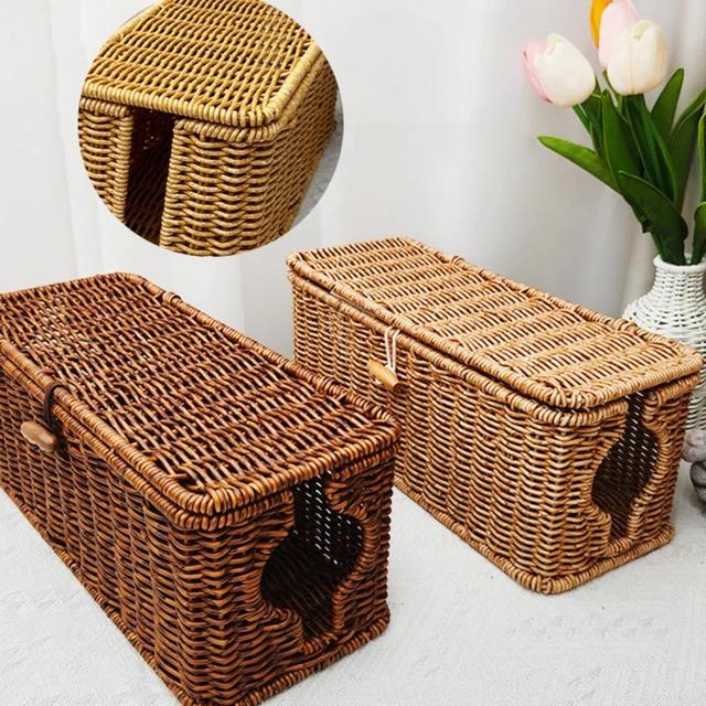 Alt view image 5 of 5 - Wicker Cable Management Box, 2 Pack Large & Small Cable Organizer Box, Faux Rattan Hand-Woven Desk Organizer with 10 Cord Clips and 10 Ties, for Home Office and Charging Station