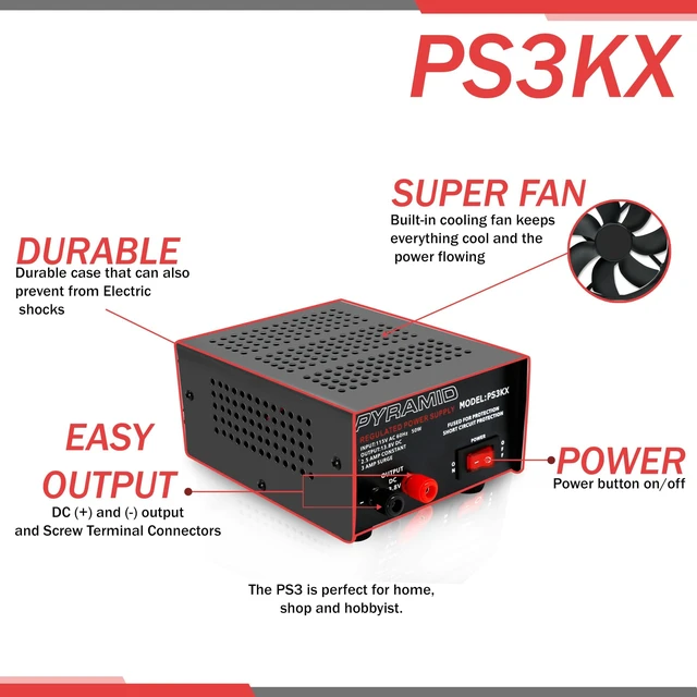 Alt view image 3 of 6 - Universal Compact Bench Power Supply - 2.5 Amp Linear Regulated Home Lab Benchtop AC-to-DC 12V Converter w/ 13.8 Volt DC 115V AC 50 Watt Power Input, Screw Type Terminals, Cooling Fan PS3KX