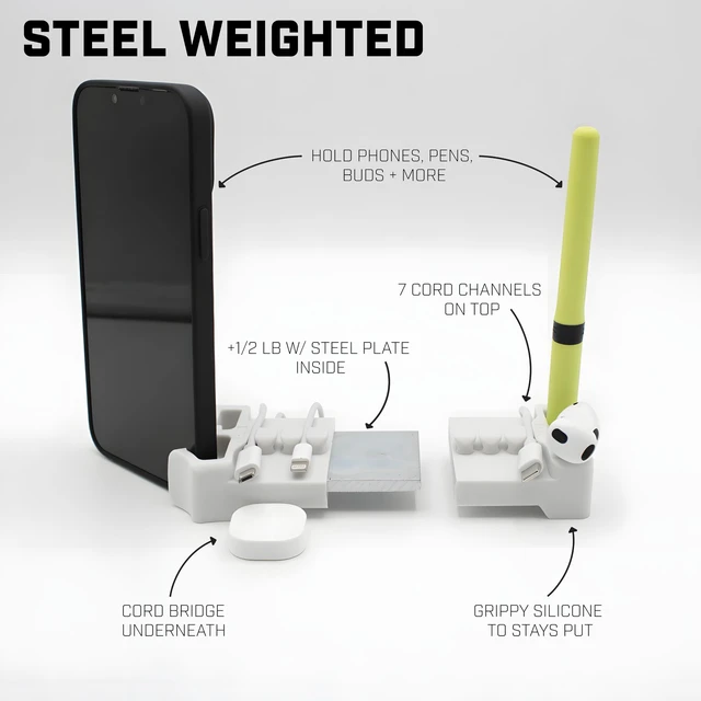 Alt view image 2 of 6 - DeskBrick 2PK Silicone + Steel-Weighted Cord Holders for Desks. Weighted Cord Organizers & Cable Management for Desktops. Useful Phone Accessories & Cable Holders for Offices. No Adhesive. Light Gray