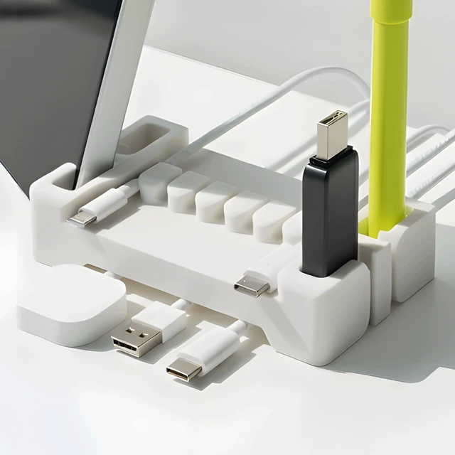 Main image of DeskBrick Silicone + Steel-Weighted Cord Holder for Desk. Weighted Cord Organizer & Cable Management for Desktop. Useful Phone Accessory & Cable Holder for Office, Home. No Adhesive. Light Gray
