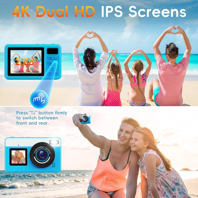 Alt view image 4 of 7 - D70 4K Underwater Digital Camera - 48MP 10FT Waterproof Camera for Snorkeling - Dual Screen Selfie Compact Floatable Camera with 16GB Card - Point and Shoot Digital Cam 1200mAh Battery -Blue