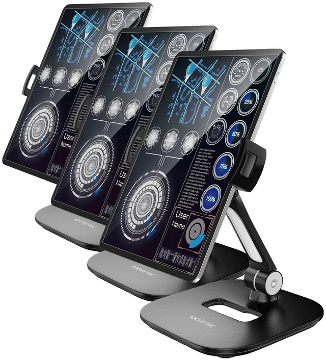 Main image of Tablet Stand Holder, Stylish Aluminum iPad Stands, Foldable 360° Swivel Table Stand Holder fits 4-11" Tablets/Smartphones for Kitchen Bedside Office POS Showroom Reception (Black) (Pack of 3)