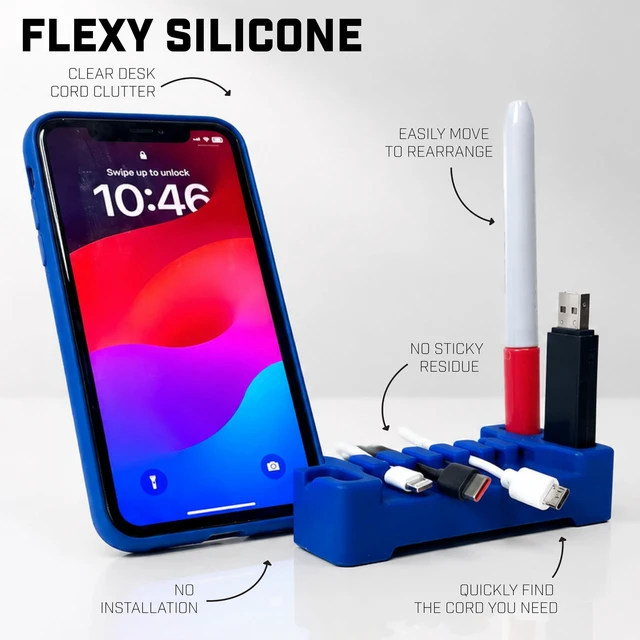 Alt view image 4 of 6 - DeskBrick 2PK Silicone + Steel-Weighted Cord Holders for Desks. Weighted Cord Organizers & Cable Management for Desktops. Useful Phone Accessories & Cable Holders for Offices. No Adhesive. Blue