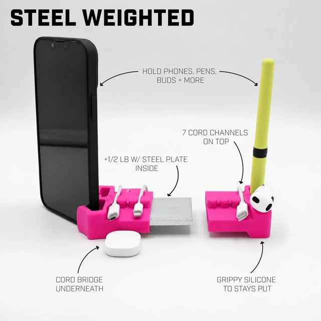 Alt view image 2 of 6 - DeskBrick 2PK Silicone + Steel-Weighted Cord Holders for Desks. Weighted Cord Organizers & Cable Management for Desktops. Useful Phone Accessories & Cable Holders for Offices. No Adhesive. Pink