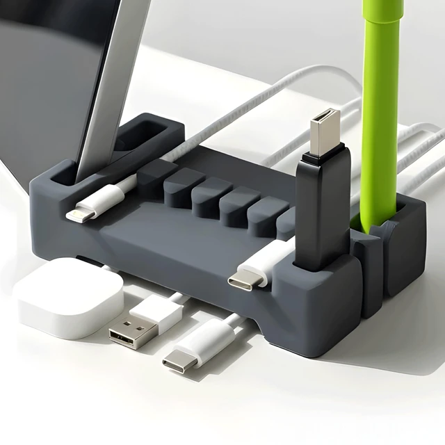 Main image of DeskBrick Silicone + Steel-Weighted Cord Holder for Desk. Weighted Cord Organizer & Cable Management for Desktop. Useful Phone Accessory & Cable Holder for Office, Home. No Adhesive. Gray