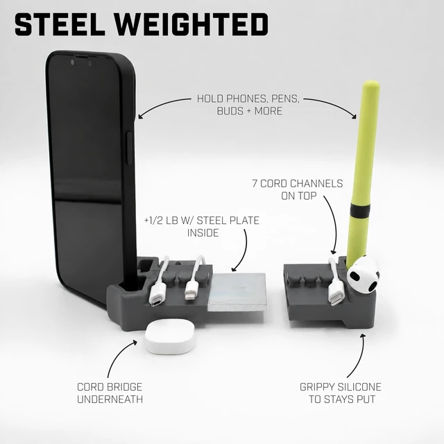 Alt view image 2 of 6 - DeskBrick 2PK Silicone + Steel-Weighted Cord Holders for Desks. Weighted Cord Organizers & Cable Management for Desktops. Useful Phone Accessories & Cable Holders for Offices. No Adhesive. Gray