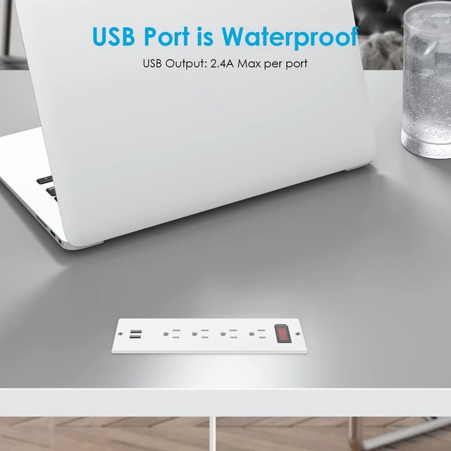 Alt view image 3 of 7 - Conference Recessed Power Strip Waterproof,Furniture Recessed Power Strip with 4 Outlets,2 USB,Table Surge Protector,Flush Mount Water Resistant,6ft Cable with Flat Plug
