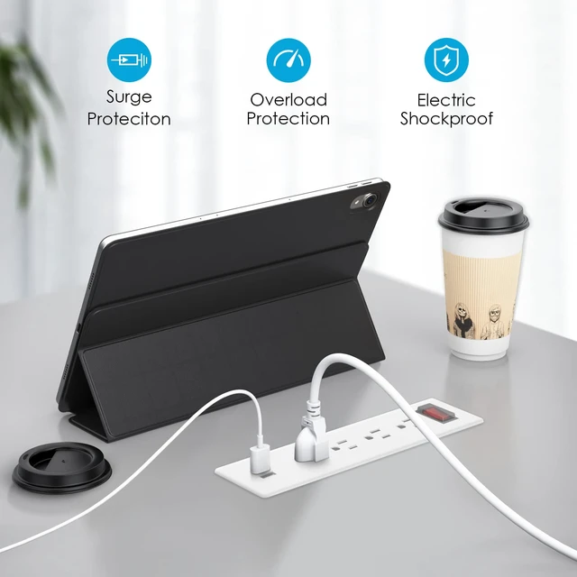 Alt view image 4 of 7 - Conference Recessed Power Strip Waterproof,Furniture Recessed Power Strip with 4 Outlets,2 USB,Table Surge Protector,Flush Mount Water Resistant,6ft Cable with Flat Plug