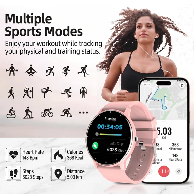 Alt view image 3 of 7 - Smart Watch Men Women (Answer/Make Calls), Fitness Watch with 100+ Sport Modes, IP67 Waterproof/Heart Rate/Sleep Monitor, Smart Watches for iOS/Android with 2 Bands (Pink)