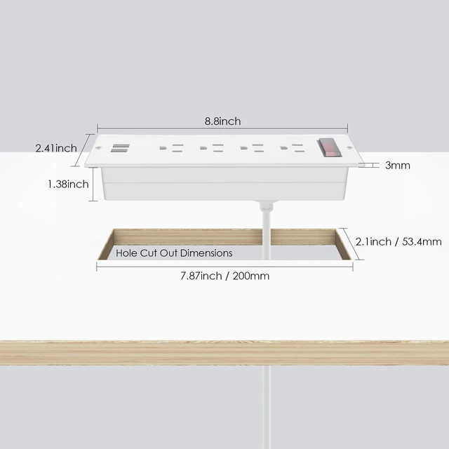 Alt view image 7 of 7 - Conference Recessed Power Strip Waterproof,Furniture Recessed Power Strip with 4 Outlets,2 USB,Table Surge Protector,Flush Mount Water Resistant,6ft Cable with Flat Plug