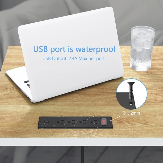Alt view image 3 of 7 - Conference Recessed Power Strip Waterproof,Furniture Recessed Power Strip with 4 Outlets,2 USB,Table Surge Protector,Flush Mount Water Resistant,6ft Cable with Flat Plug