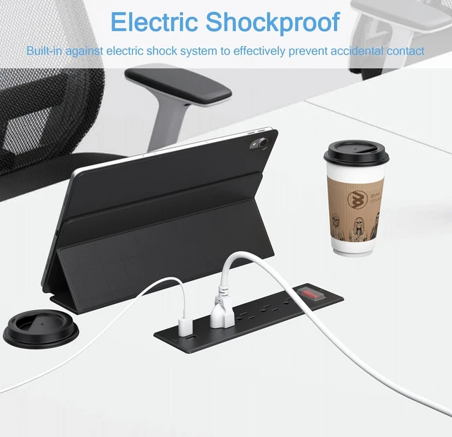 Alt view image 5 of 7 - Conference Recessed Power Strip Waterproof,Furniture Recessed Power Strip with 4 Outlets,2 USB,Table Surge Protector,Flush Mount Water Resistant,6ft Cable with Flat Plug