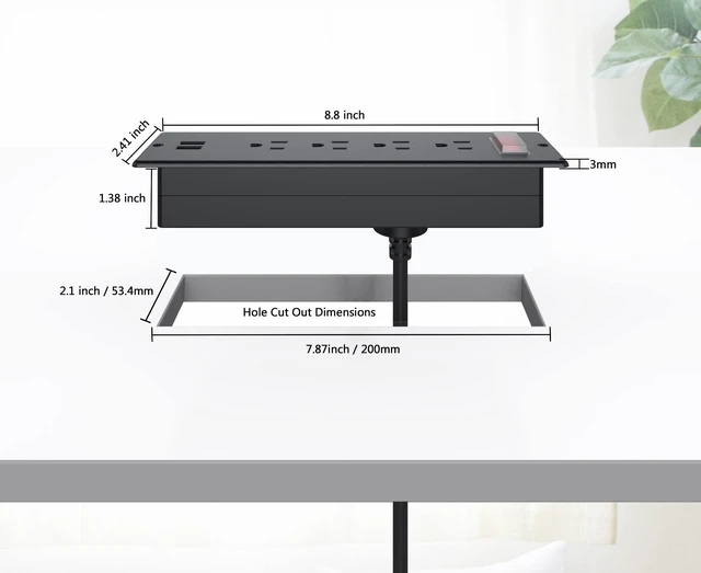 Alt view image 7 of 7 - Conference Recessed Power Strip Waterproof,Furniture Recessed Power Strip with 4 Outlets,2 USB,Table Surge Protector,Flush Mount Water Resistant,6ft Cable with Flat Plug